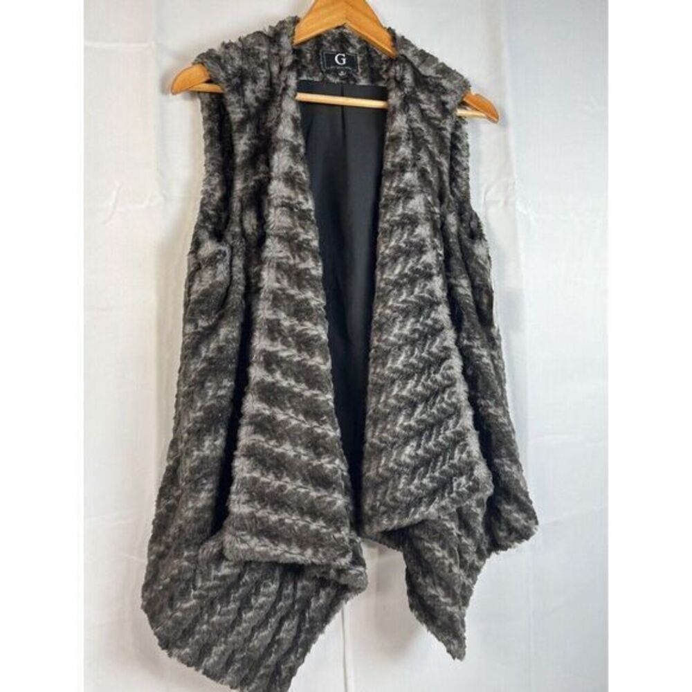 G By Giuliana Faux Fur Draped Womens Vest Size Large Black Gray asymmetric